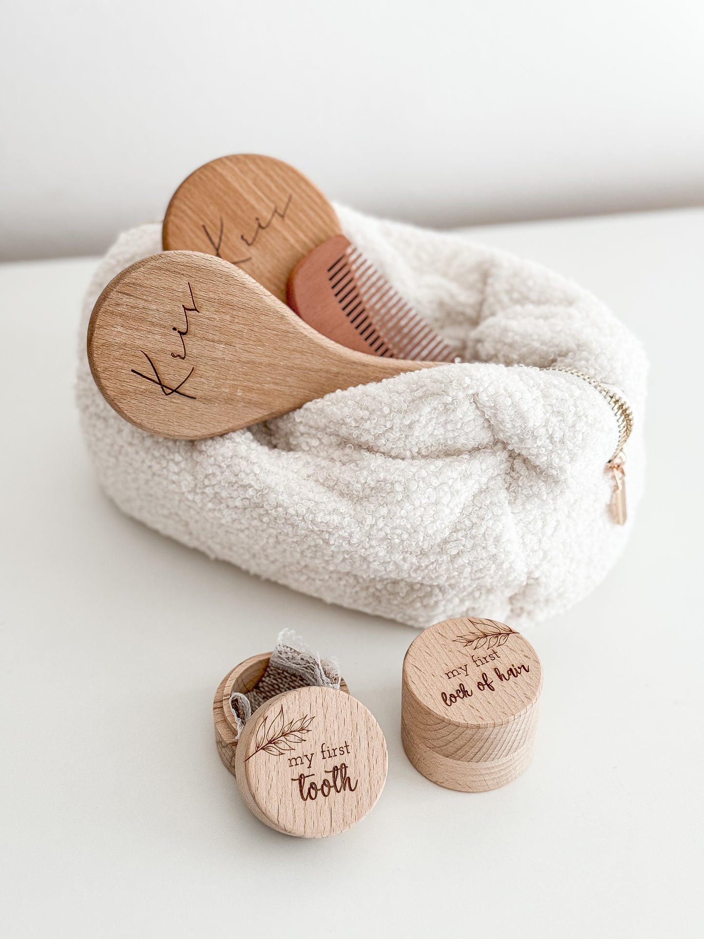 Personalized first tooth and lock of hair box