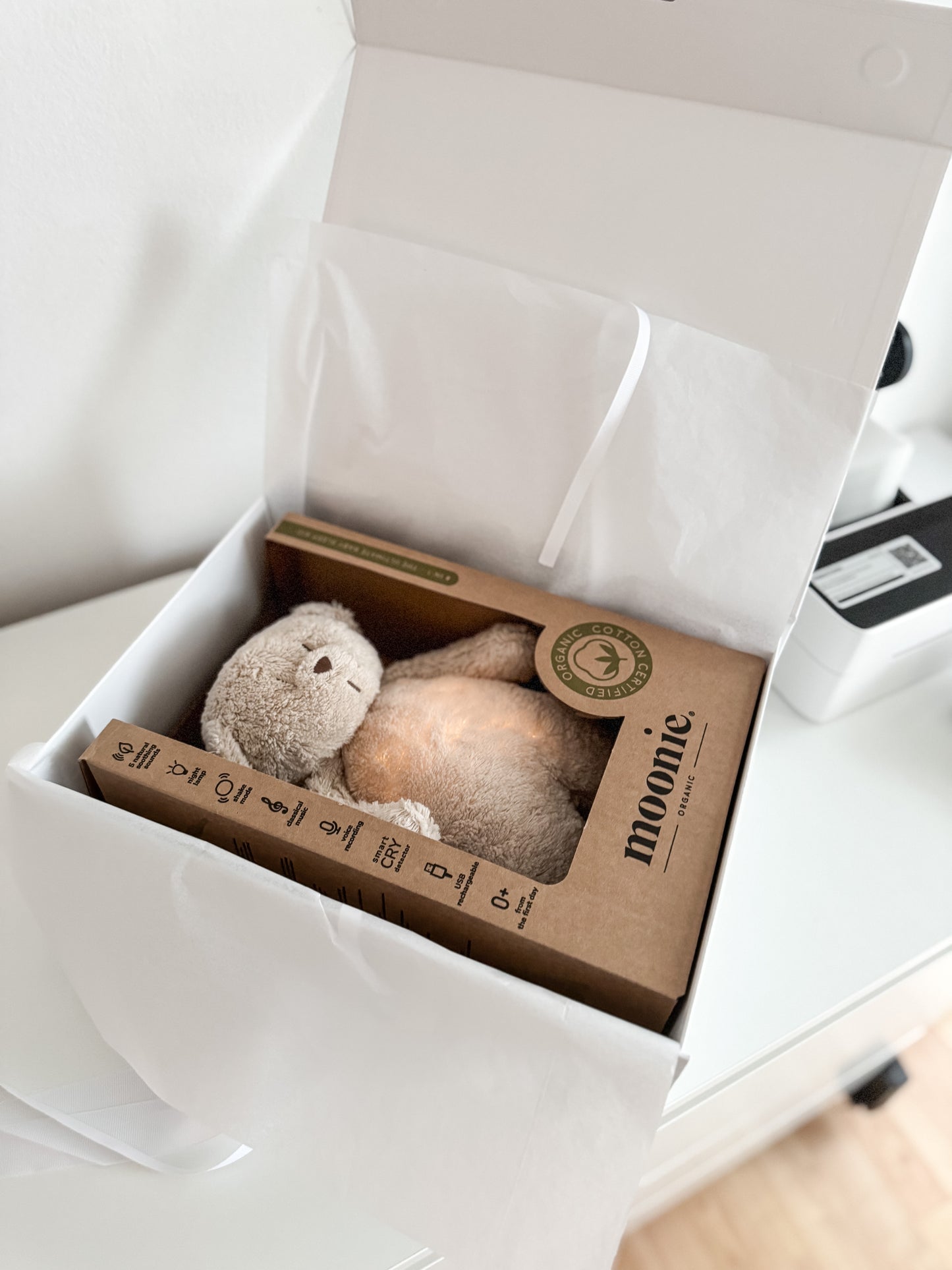 Moonie Bear 2.0 Organic Sand - Plush teddy bear with melody and night light
