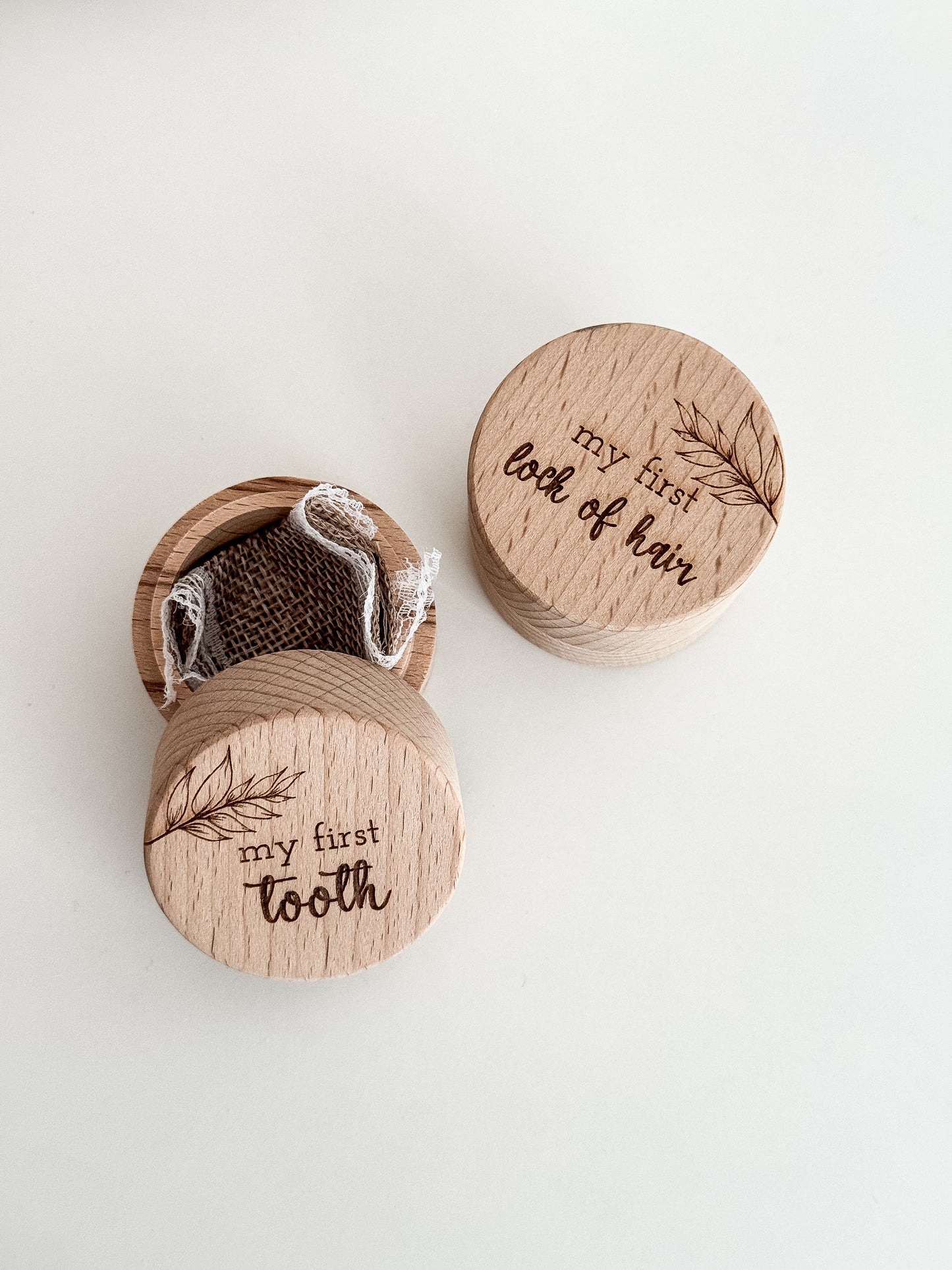 Personalized first tooth and lock of hair box